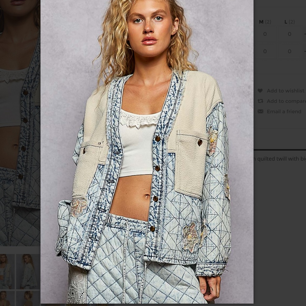 ❤️ POL “ Amelia “ POL V-Neck Quilted Twill Jacket Shirt Flower Patchwork Detail